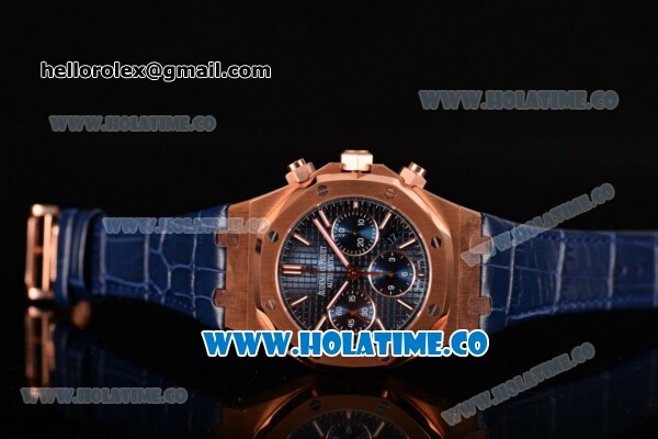 Audemars Piguet Royal Oak Chrono 41MM Swiss Valjoux 7750 Automatic Rose Gold Case with Blue Dial Stick Markers and Blue Leather Strap (EF) - Click Image to Close